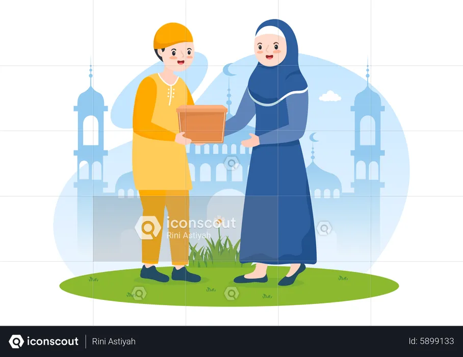 Muslim Woman Giving Alms to Man  Illustration