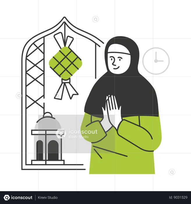 Muslim woman greeting for Eid Mubarak  Illustration