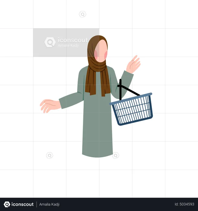 Muslim Woman Holding Grocery Basket  Illustration