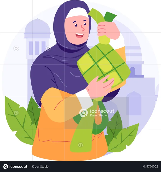 Muslim Woman Holding Ketupat  Illustration