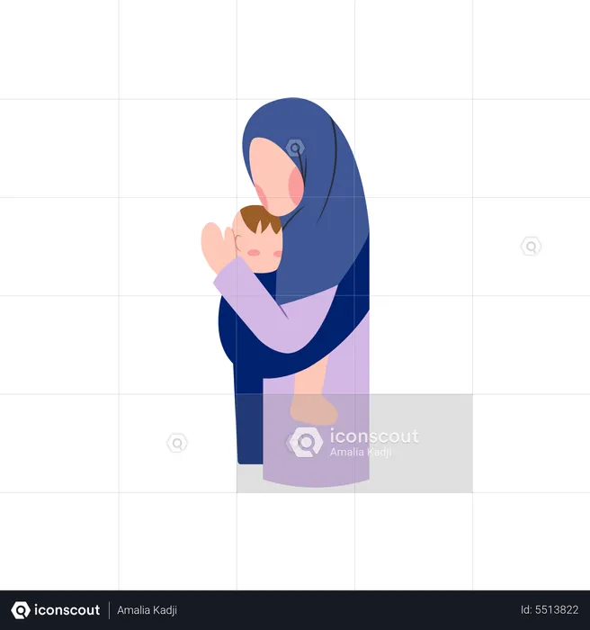 Muslim woman holding kid  Illustration