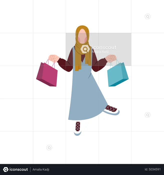 Muslim Woman Holding Shopping Bags  Illustration