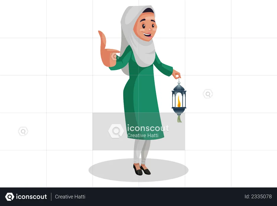 Muslim woman holding the lantern in hand and showing thumbs-up  Illustration
