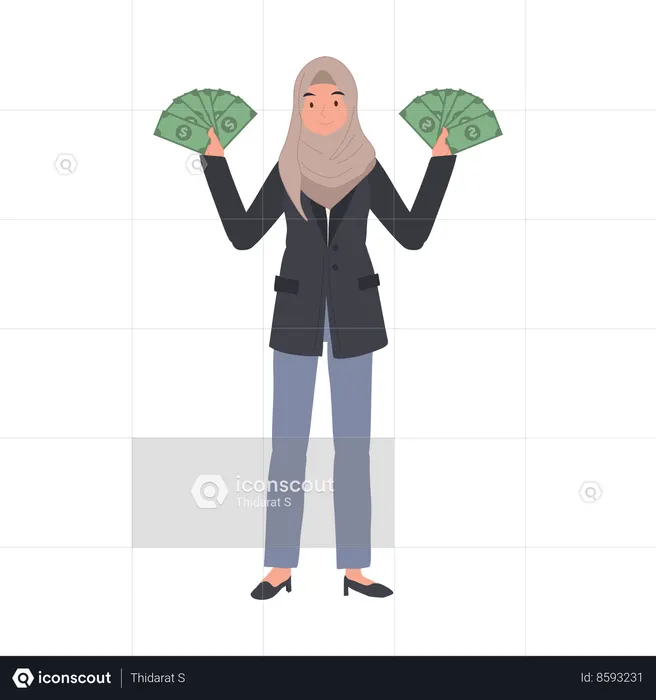 Muslim Woman in Hijab Holding Money Fan in both hands  Illustration