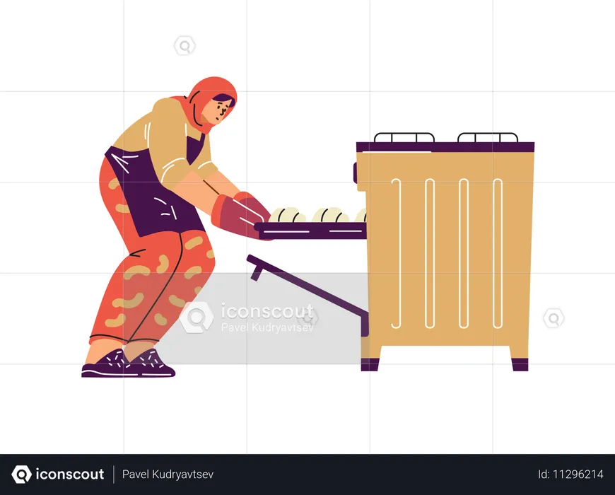 Muslim woman in hijab putting a baking tray with buns in the oven  Illustration