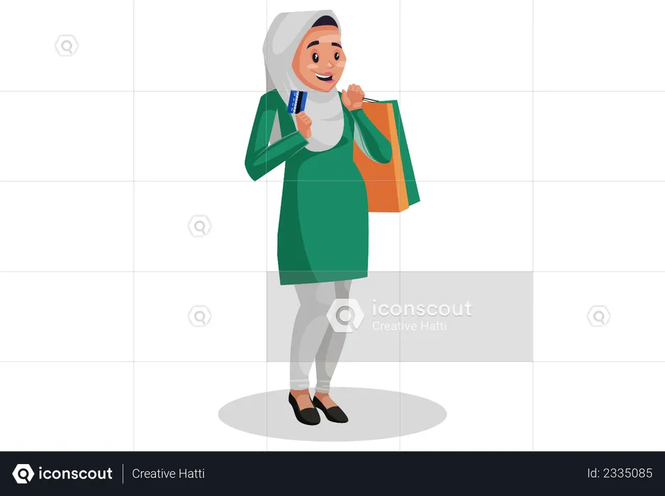 Muslim woman is holding shopping bags and ATM card in hands for online shopping payment  Illustration