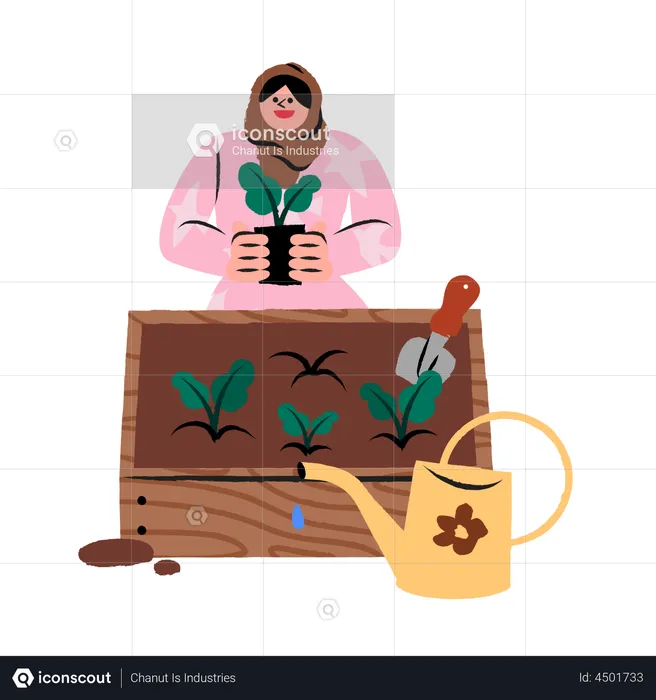 Muslim woman planting tree  Illustration