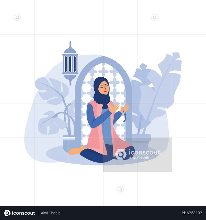 Muslim woman praying to allah during salat  Illustration