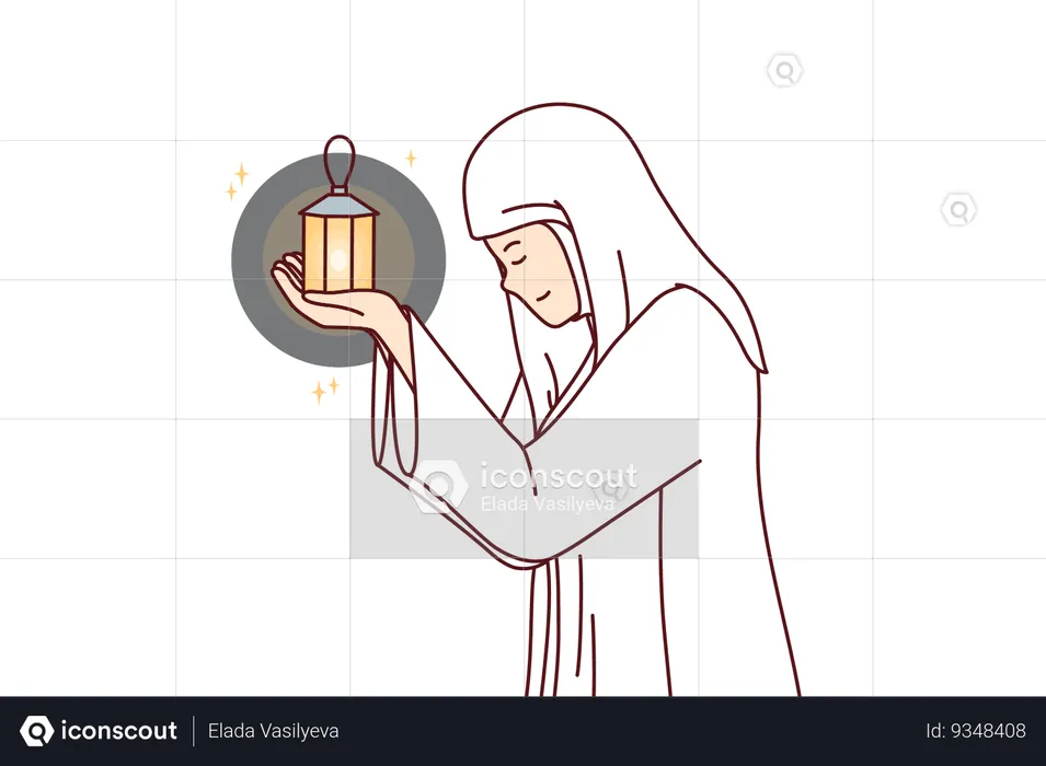 Muslim woman prays in holy month of ramadan and holds lantern for islamic ritual in hands  Illustration