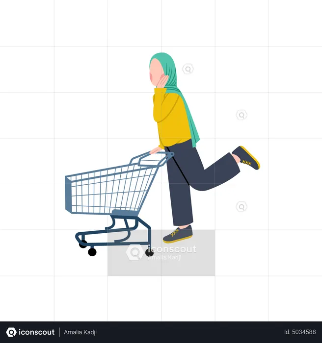 Muslim Woman Pushing Shopping Trolley  Illustration