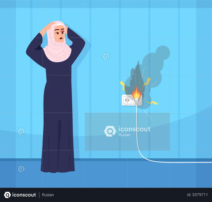 Muslim woman puzzled by damaged cable  Illustration