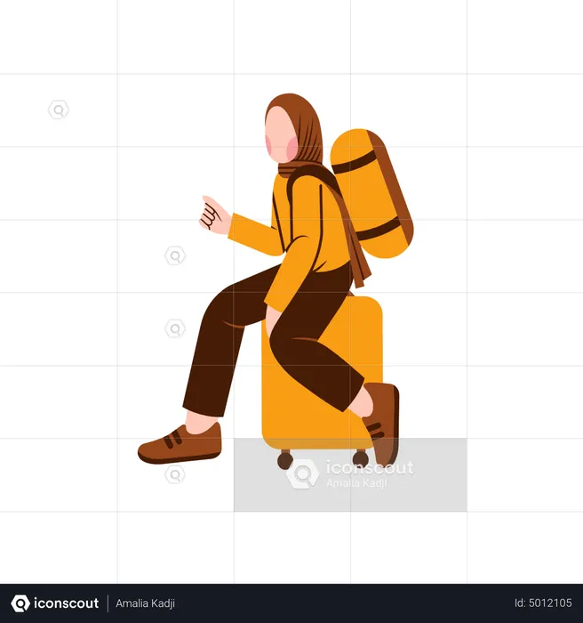 Muslim woman sit on luggage  Illustration