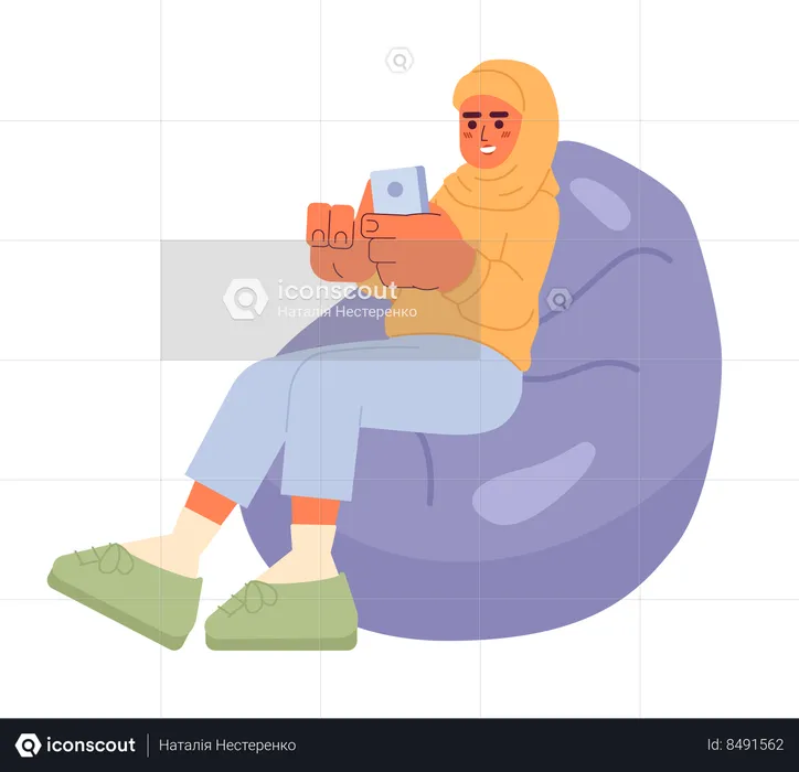 Muslim woman sitting beanbag with phone  Illustration