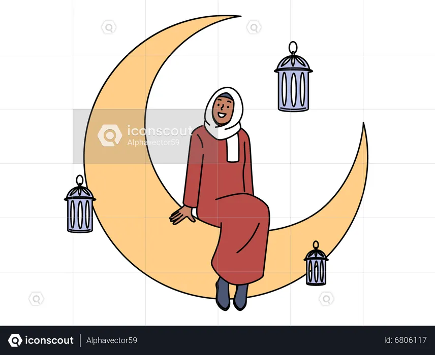 Muslim woman sitting on crescent moon  Illustration