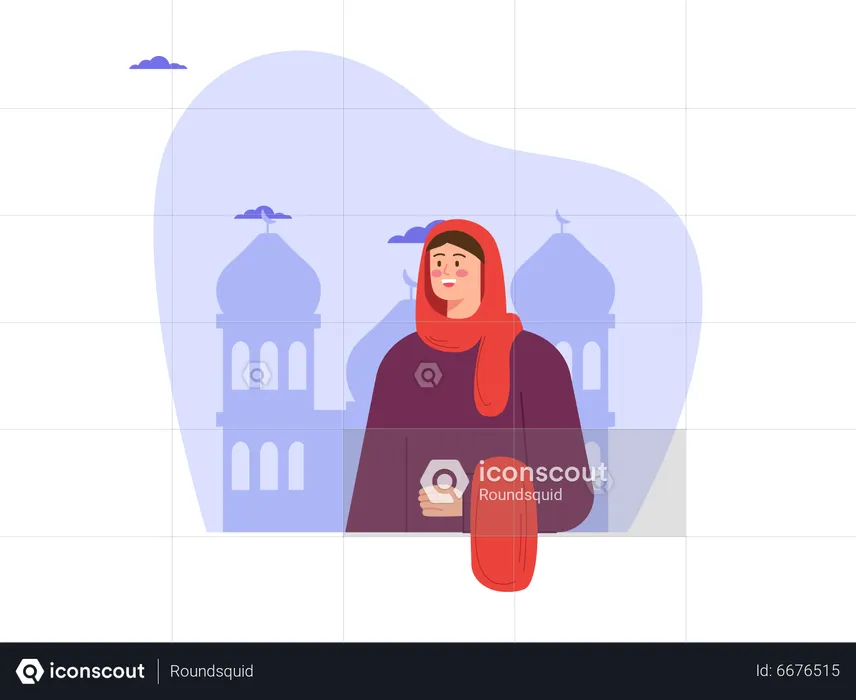 Muslim woman standing outside mosque  Illustration