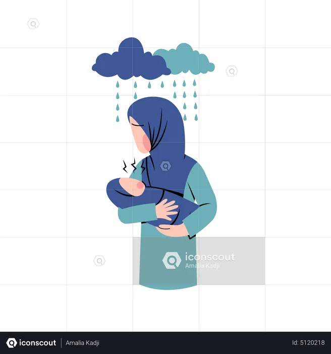 Muslim woman suffer from postpartum syndrome  Illustration