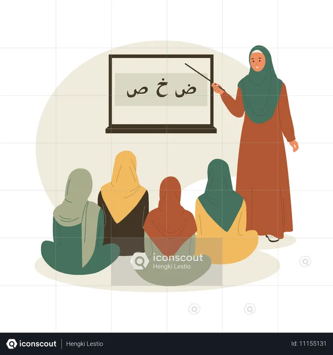 Muslim woman teaching Arabic letters in front of students  Illustration