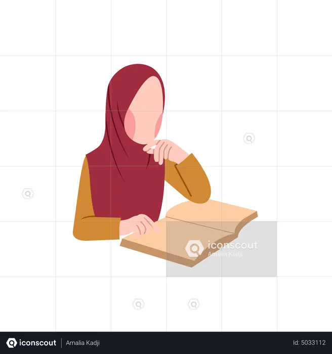 Muslim woman think while reading book  Illustration
