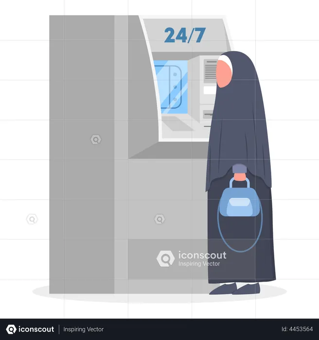 Muslim woman using bank ATM machine  Illustration