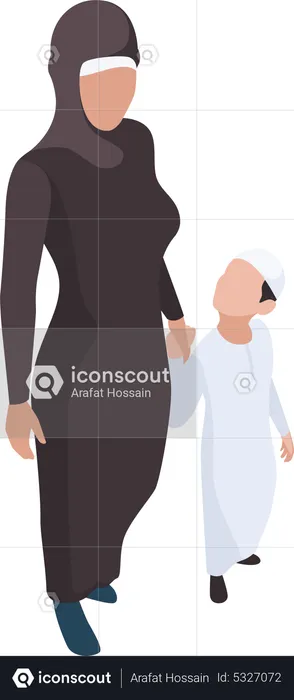 Muslim woman walking with her son  Illustration