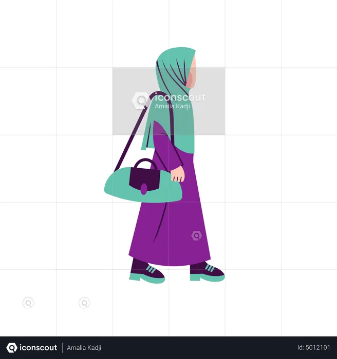 Muslim woman walking with purse  Illustration