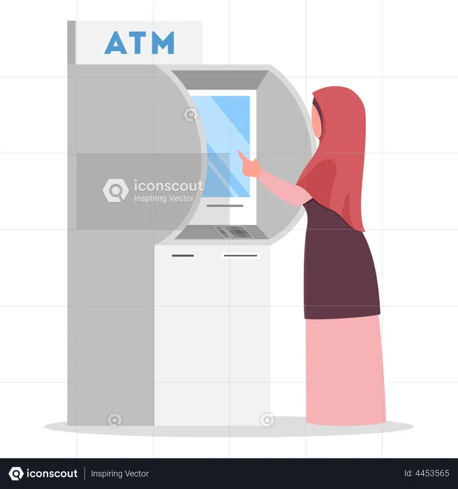 Muslim woman withdrawing cash using atm  Illustration