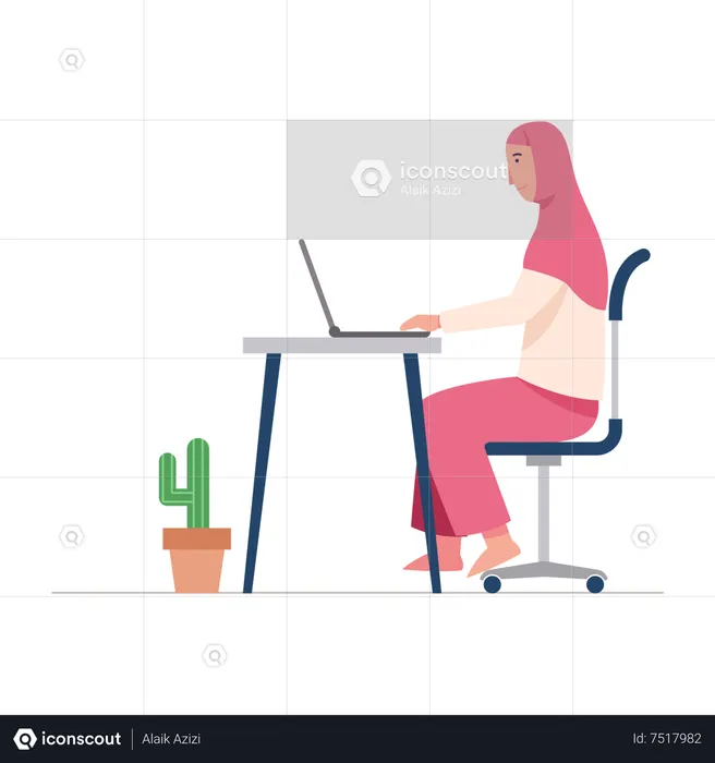 Muslim woman working on laptop  Illustration