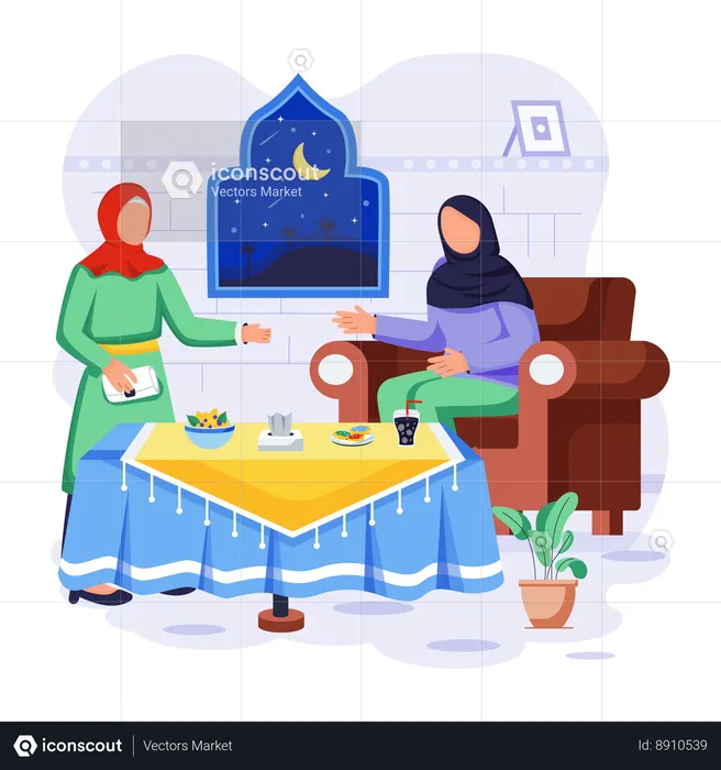 Muslim women are enjoying food in Iftar time  Illustration