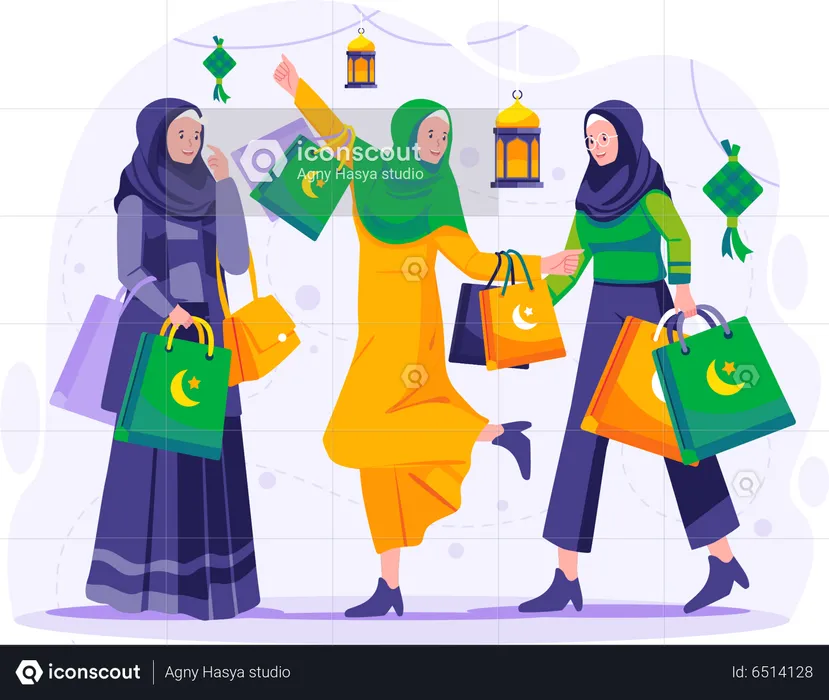 Muslim women are shopping on Ramadan Sale  Illustration