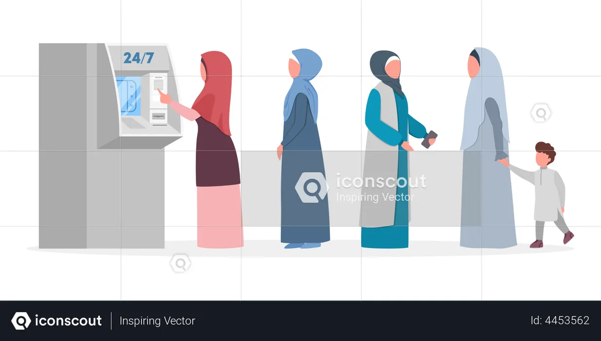 Muslim women standing in queue to ATM  Illustration