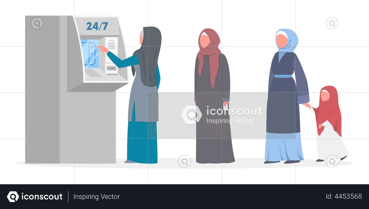 Muslim women standing in queue to ATM  Illustration