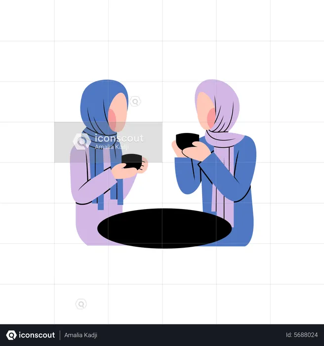 Muslim Women Talking In Cafe  Illustration