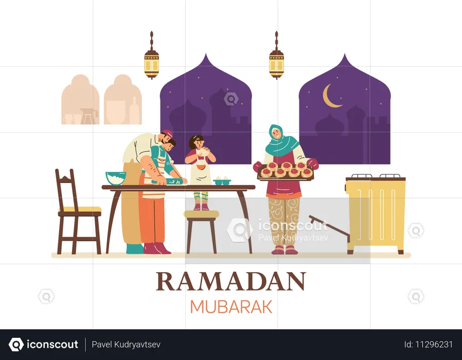 Muslimische Familien kochen für den Ramadan  Illustration