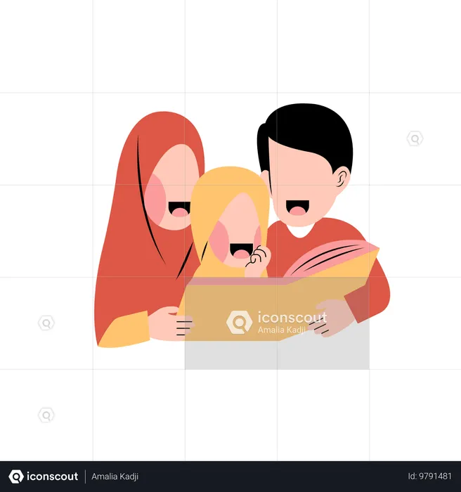 Muslimische Familie liest gemeinsam Buch  Illustration