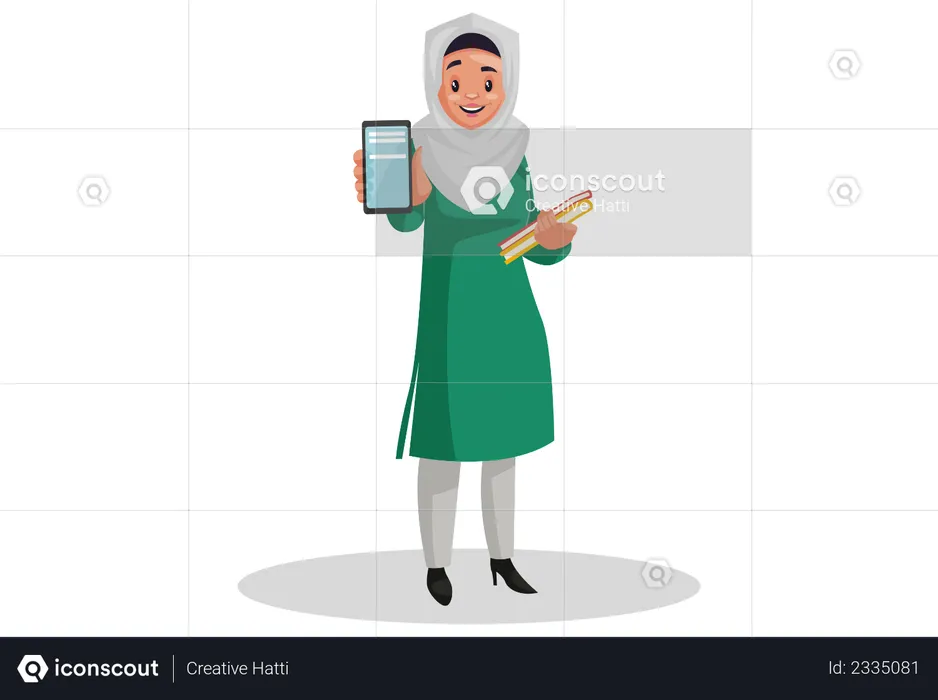 Muslimische Frau hält Bücher in der Hand und zeigt das Mobiltelefon  Illustration