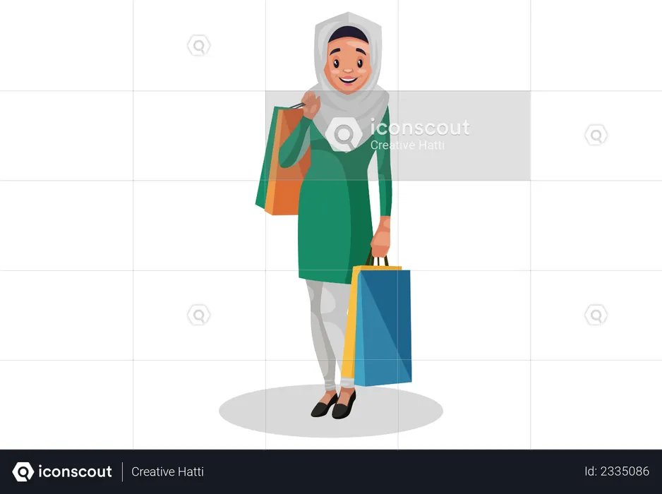 Muslimische Frau hält Einkaufstüten in beiden Händen  Illustration
