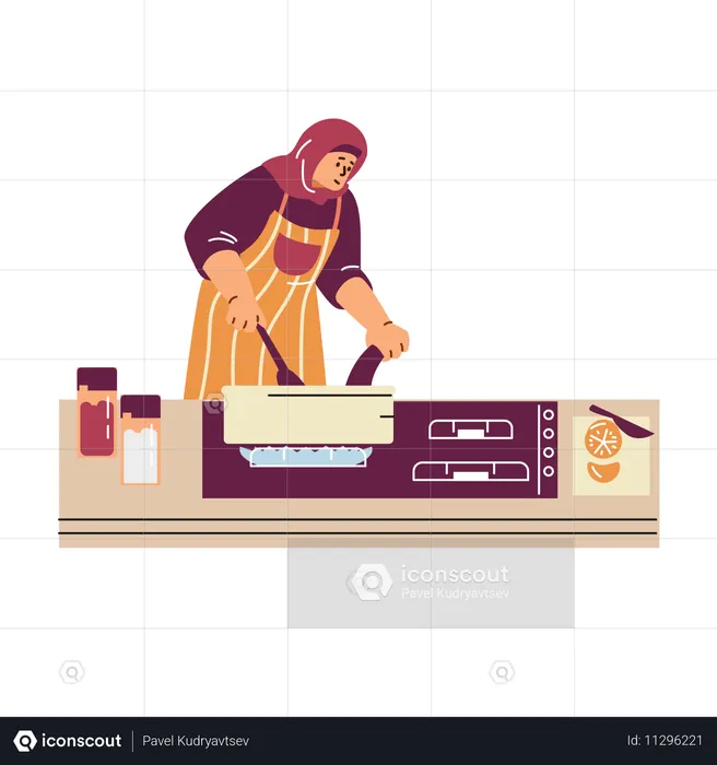 Muslimische Frau beim Kochen  Illustration