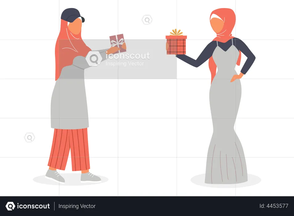 Muslimische Frauen verteilen Geschenke untereinander  Illustration