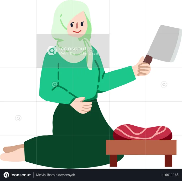 Muslimische Frau schneidet Fleisch  Illustration