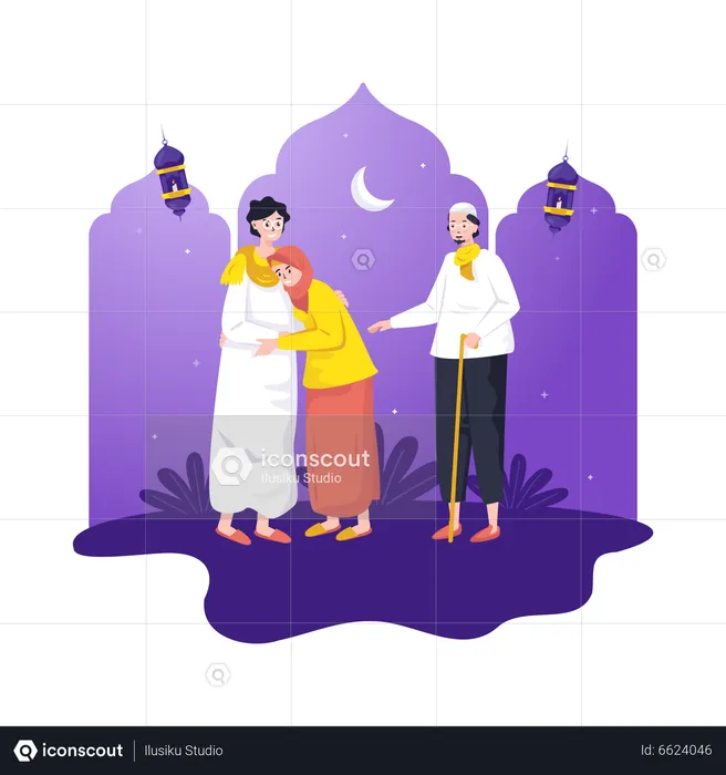 Muslimischer Junge trifft Eltern während des Ramadan  Illustration