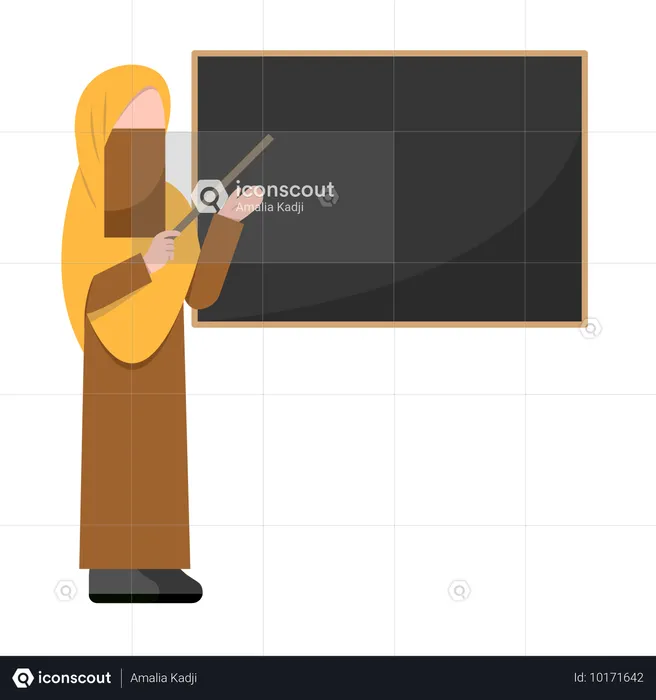 Muslimischer Lehrer unterrichtet an der Tafel im Klassenzimmer  Illustration