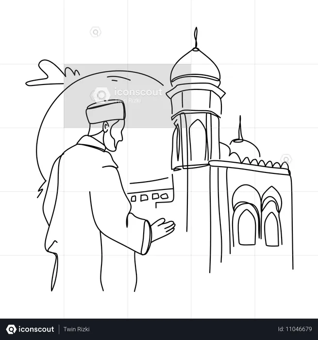 Muslimischer Mann betet vor der Moschee  Illustration