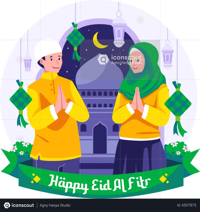 Muslimischer Mann und Frau begrüßen sich und entschuldigen sich am Eid al-Fitr  Illustration