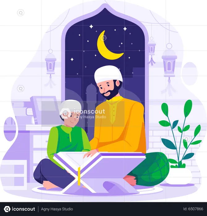 Muslimischer Vater bringt seinem Sohn das Lesen des Korans bei  Illustration