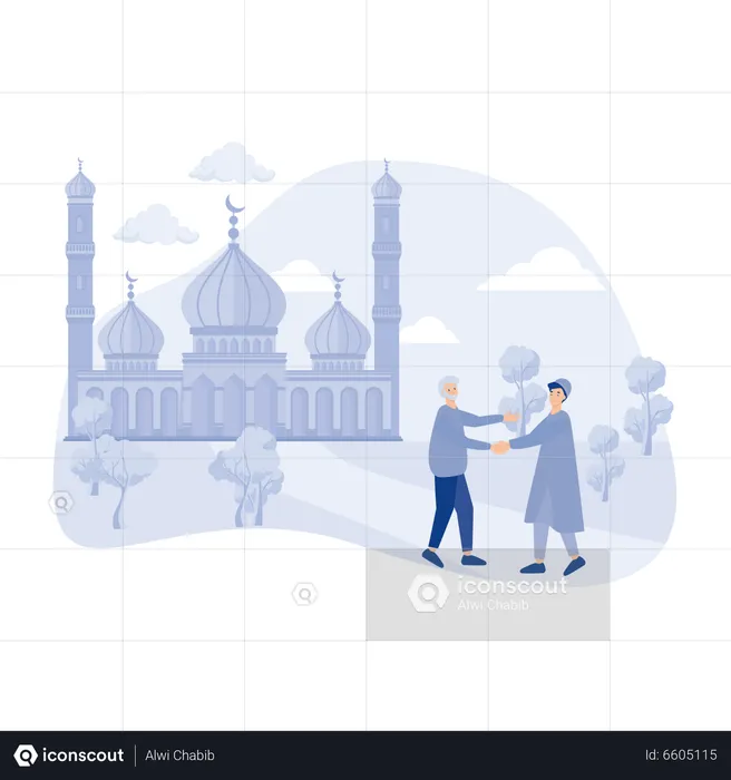 Muslims meet then shake hands and say Assalamualaikum in the courtyard of the mosque after shalat  Illustration