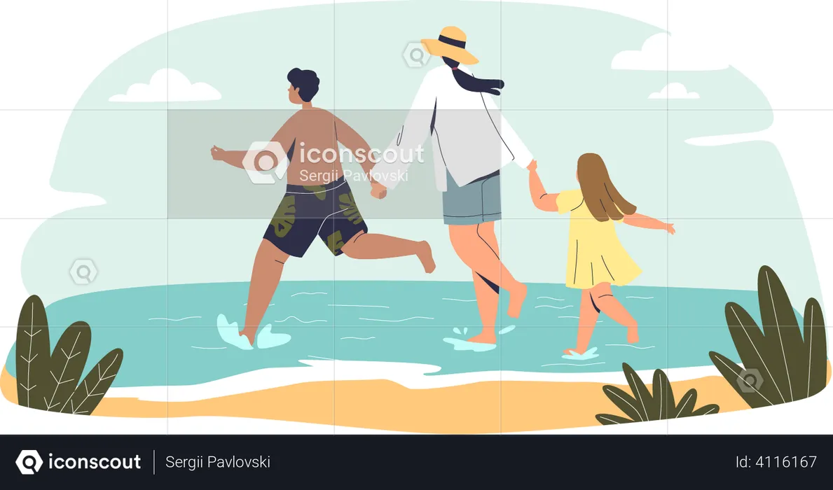 Mutter genießt Strand mit Kindern  Illustration