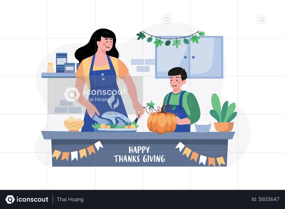 Mutter und Sohn bereiten Essen für Thanksgiving vor  Illustration