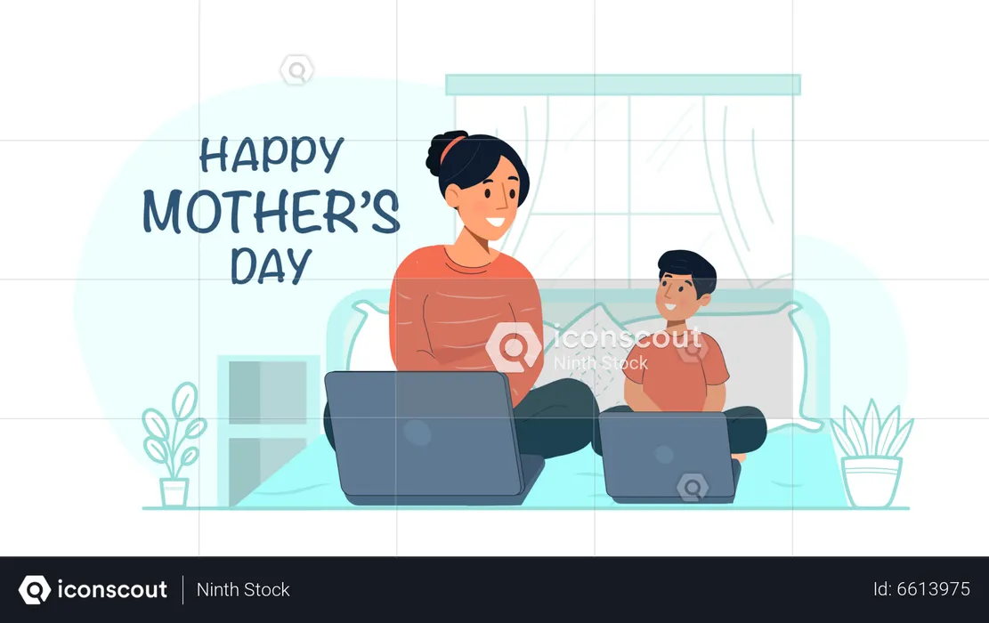 Mutter und Sohn mit laptop  Illustration
