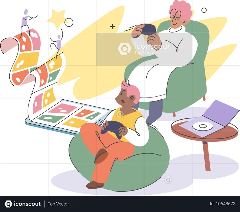 Mutter und Sohn sitzen auf der Couch und spielen Videospiele im Wettbewerb  Illustration