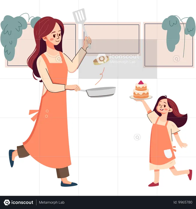 Mutter und Tochter backen gemeinsam  Illustration